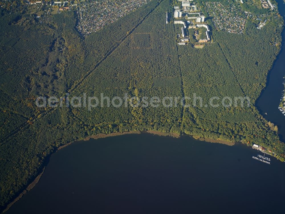 Berlin from above - Treetops in a wooded area at the mouth of the Mueggelspree to the Mueggelsee in Berlin in Germany