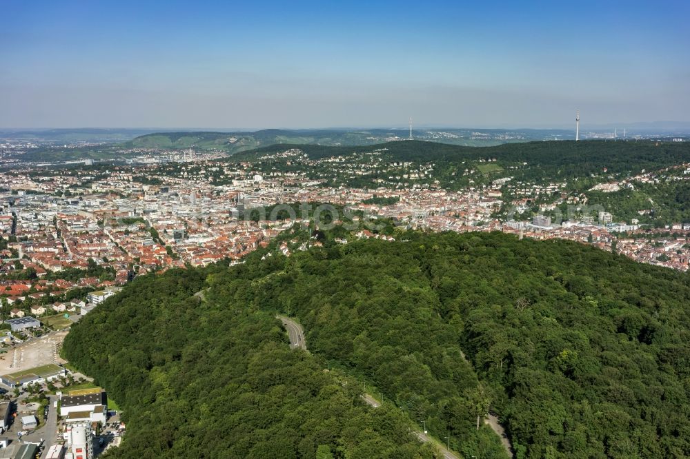 Stuttgart from above - Treetops in a wooded area destrict Heslach in Stuttgart in the state Baden-Wuerttemberg