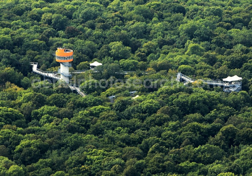 Aerial image Bad Langensalza - Tree - tower in the nature trail in Thuringia Hainich. This nature trail is located in the Forest of Bad Langensalza and the building is owned by the city. The project is operated by the Reko GmbH and costs 1.8 million euros. The path is 306 m long and 24.5 m height ends in visible light on the tree tower. The trail can be visited all year round