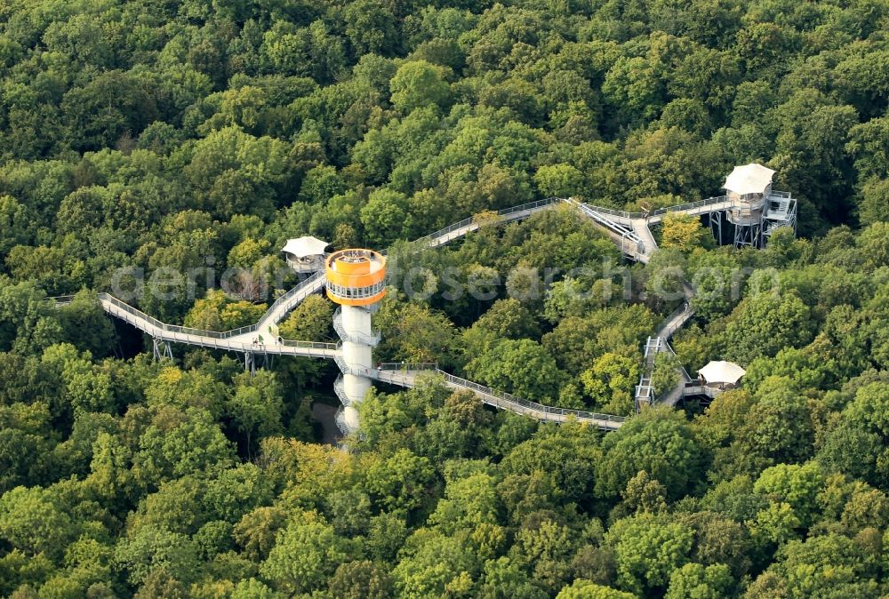 Bad Langensalza from above - Tree - tower in the nature trail in Thuringia Hainich. This nature trail is located in the Forest of Bad Langensalza and the building is owned by the city. The project is operated by the Reko GmbH and costs 1.8 million euros. The path is 306 m long and 24.5 m height ends in visible light on the tree tower. The trail can be visited all year round