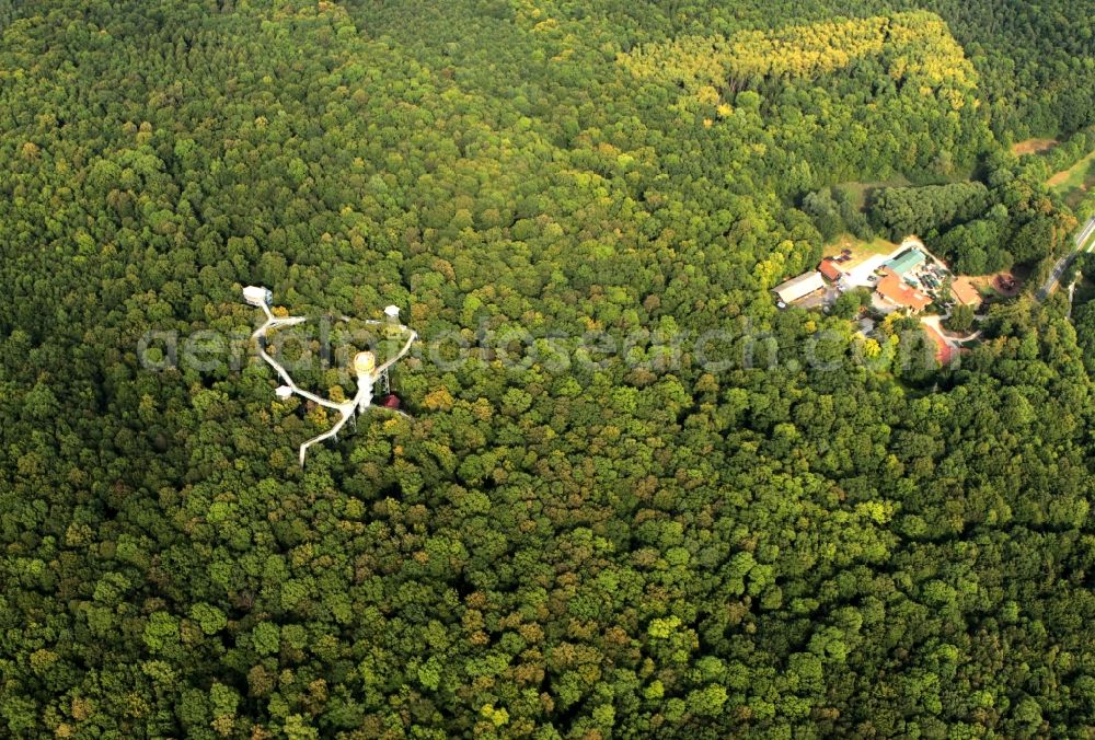 Aerial photograph Bad Langensalza - Tree - tower in the nature trail in Thuringia Hainich. This nature trail is located in the Forest of Bad Langensalza and the building is owned by the city. The project is operated by the Reko GmbH and costs 1.8 million euros. The path is 306 m long and 24.5 m height ends in visible light on the tree tower. The trail can be visited all year round