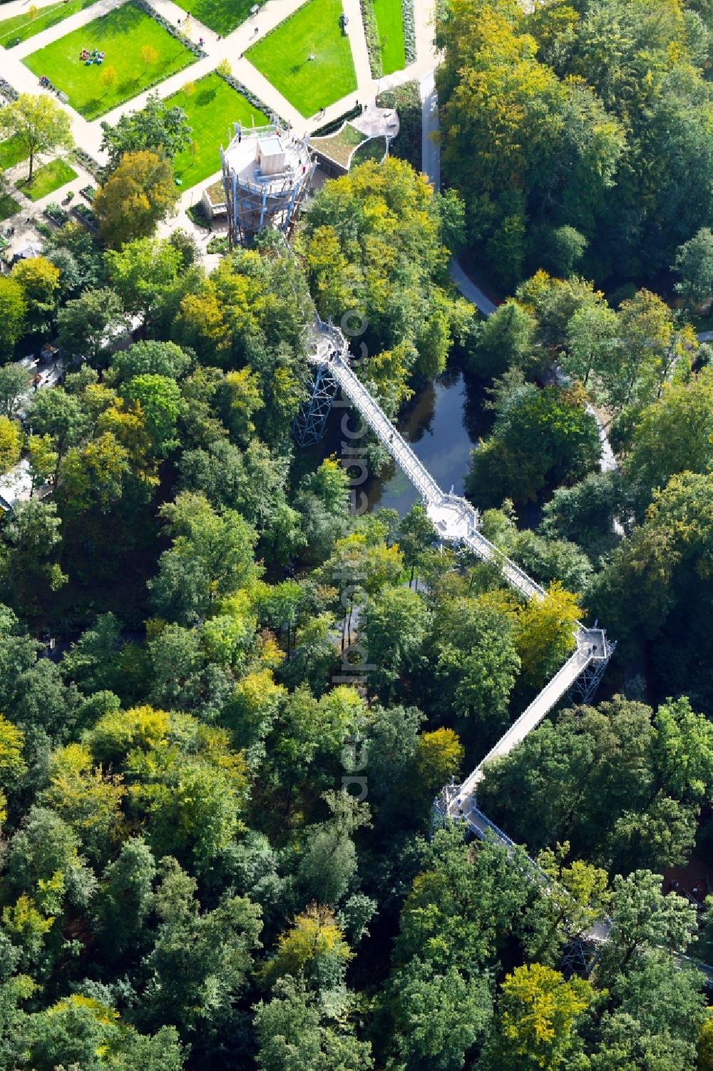 Aerial image Bad Iburg - Park of Baumkronenweg and Aussichtsturm of LAGA Landesgartenschau in Bad Iburg in the state Lower Saxony, Germany