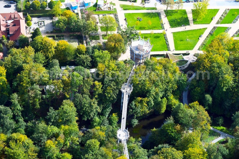 Bad Iburg from above - Park of Baumkronenweg and Aussichtsturm of LAGA Landesgartenschau in Bad Iburg in the state Lower Saxony, Germany