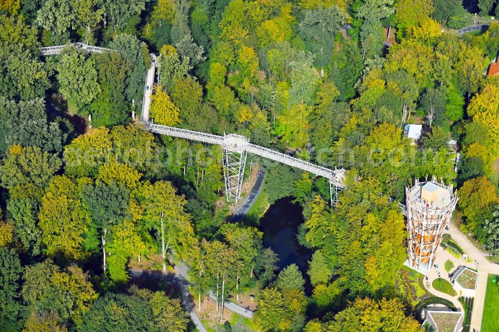 Bad Iburg from above - Park of Baumkronenweg and Aussichtsturm of LAGA Landesgartenschau in Bad Iburg in the state Lower Saxony, Germany