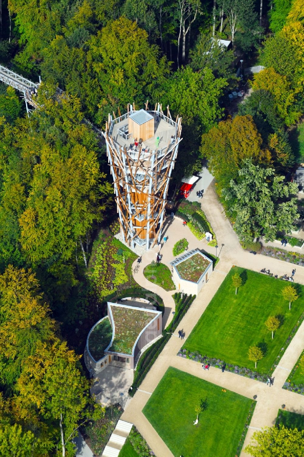 Bad Iburg from above - Park of Baumkronenweg and Aussichtsturm of LAGA Landesgartenschau in Bad Iburg in the state Lower Saxony, Germany