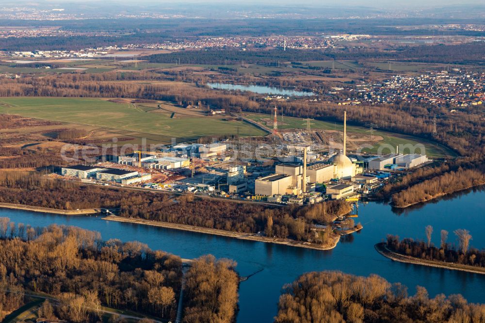 Philippsburg from the bird's eye view: Remains of the decommissioned reactor blocks and facilities of the nuclear power plant - KKW Kernkraftwerk EnBW Kernkraft GmbH, Philippsburg nuclear power plant and rubble of the two cooling towers at the shore of the Rhine river in Philippsburg in the state Baden-Wuerttemberg, Germany