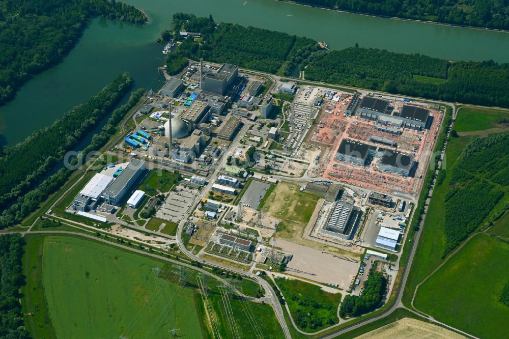 Aerial image Philippsburg - Remains of the decommissioned reactor blocks and facilities of the nuclear power plant - KKW Kernkraftwerk EnBW Kernkraft GmbH, Philippsburg nuclear power plant and rubble of the two cooling towers at the shore of the Rhine river in Philippsburg in the state Baden-Wuerttemberg, Germany