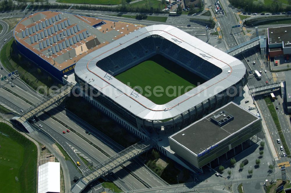 Aerial image St. Gallen - Blick auf die Baustelle der AFG Arena, sie ist das künftige Fussballstadion des FC St. Gallen im Westen der Stadt St. Gallen.Am 14. September 2005 erfolgte nach fast zehnjähriger Planung der Spatenstich für die AFG Arena mit einem Fassungsvermögen von 20'300 Zuschauern. Davon entfallen 15'530 auf Sitzplätze und 4'770 auf Stehplätze. Für internationale Spiele können die 4'770 Stehplätze in 2'578 Sitzplätze umgewandelt werden, sodass eine Sitzplatzkapazität von 18'117 entsteht. benannt nach der AFG Arbonia-Forster-Holding mit Sitz in Arbon. Es ist das erste Schweizer Stadion, welches nach einem kommerziellen Unternehmen benannt wird. Das vorher unter dem Arbeitstitel Stadion West benannte Stadion soll ab 2008 das als Dauerprovisorium erweiterte Espenmoos ablösen.