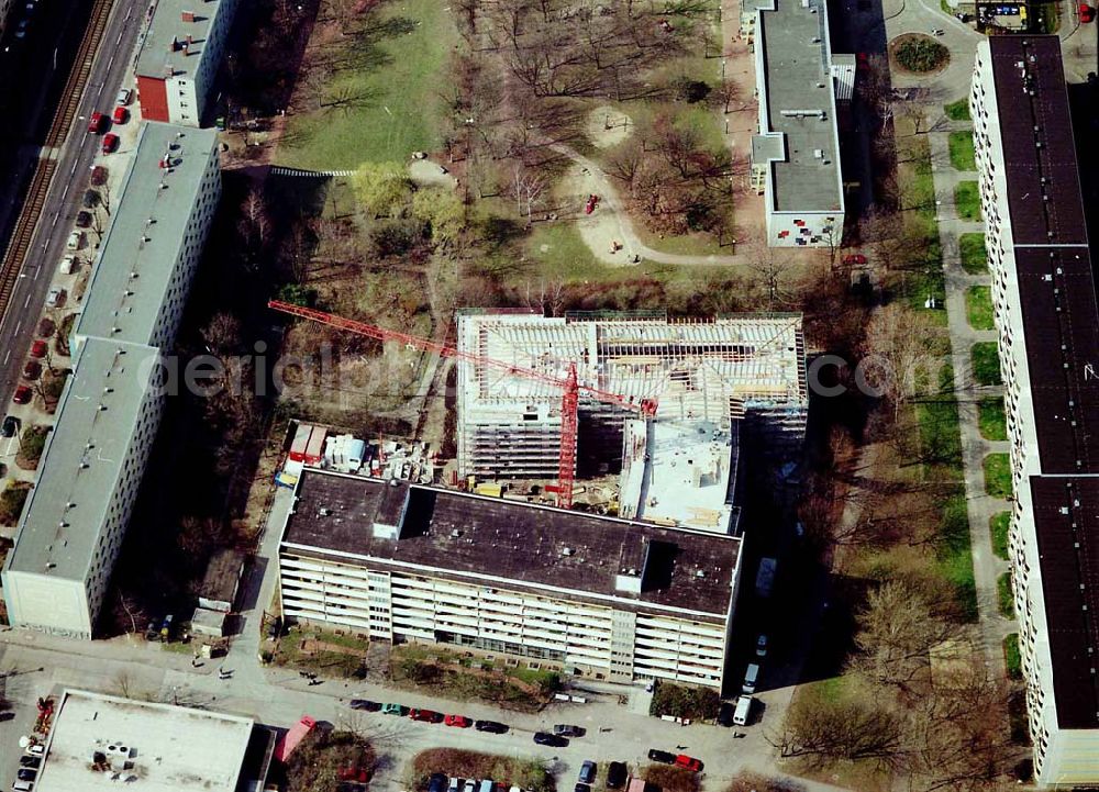 Berlin-Weißensee from above - Baustelle der Albert-Schweizer-Stiftung auf dem Gelände des Altenpflegeheimes an der Buschallee in Berlin Weißensee