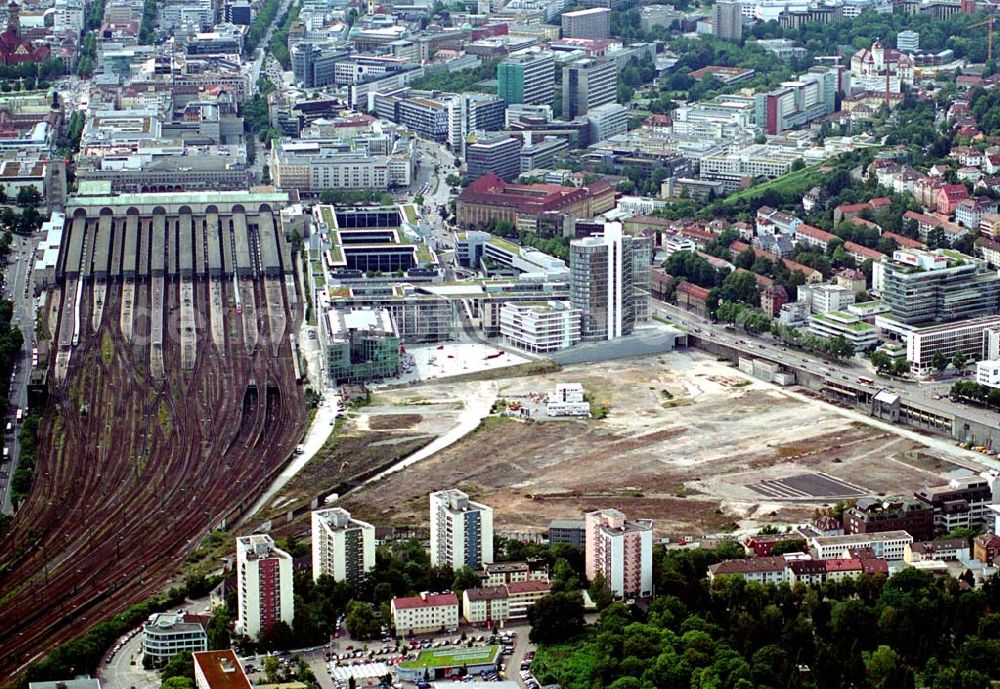 Aerial image Stuttgart / Baden - Württemberg - Blick auf die Baustelle des alten Güterbahnhofs in Stuttgart. Hinter dem Hauptbahnhof und der Landesbank Baden - Würtemberg.