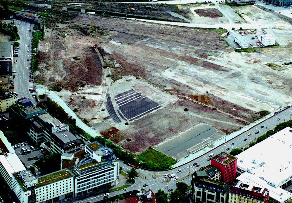 Aerial photograph Stuttgart / Baden - Württemberg - Blick auf die Baustelle des alten Güterbahnhofs in Stuttgart. Hinter dem Hauptbahnhof und der Landesbank Baden - Würtemberg.