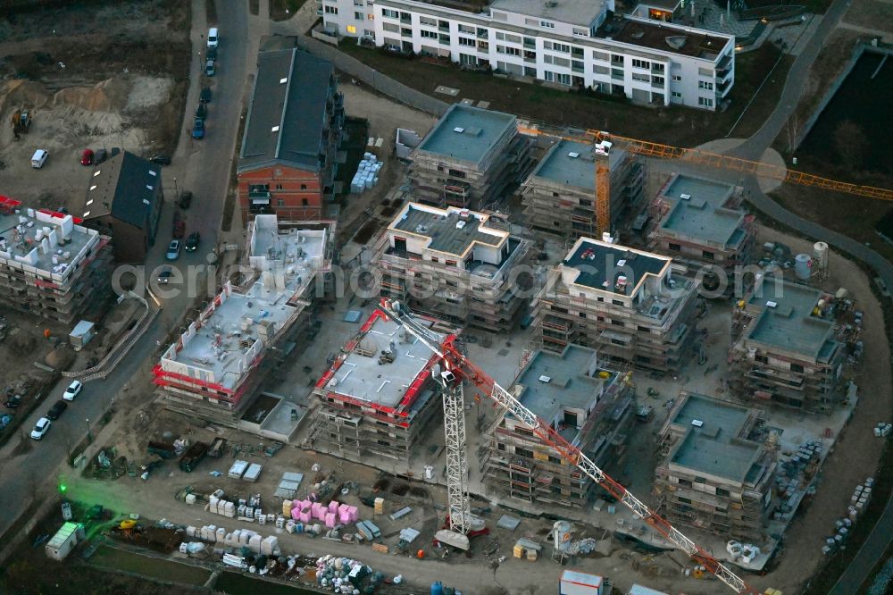 Neuruppin from above - Construction site from the construction of a senior and age-appropriate residential complex Seetor - Residenz II in Seetorviertel in Neuruppin in the state Brandenburg, Germany