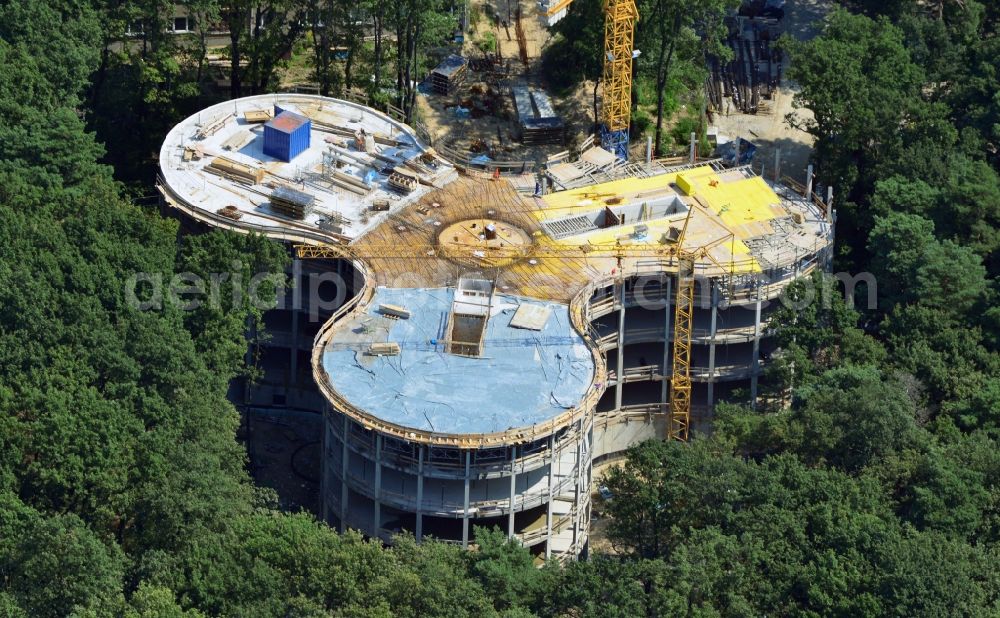 Potsdam from the bird's eye view: View at the construction site of an extension building of the Potsdam Institute for Climate Research at the site of the Albert Einstein Research Park on the Telegrafenberg in Potsdam in the federal state of Brandenburg. The construction is object of a research project for energy optimization