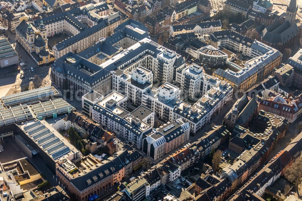 Düsseldorf from the bird's eye view: Construction for the reconstruction and expansion of the old buildings listed building the formerly curt on Muehlenstrasse in Duesseldorf in the state North Rhine-Westphalia