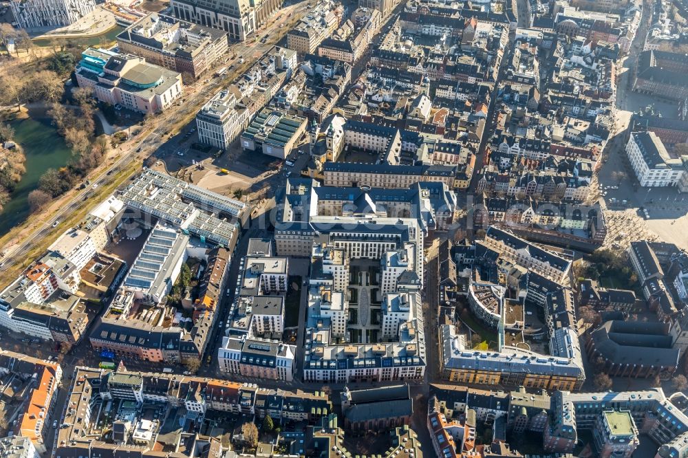 Düsseldorf from the bird's eye view: Construction for the reconstruction and expansion of the old buildings listed building the formerly curt on Muehlenstrasse in Duesseldorf in the state North Rhine-Westphalia