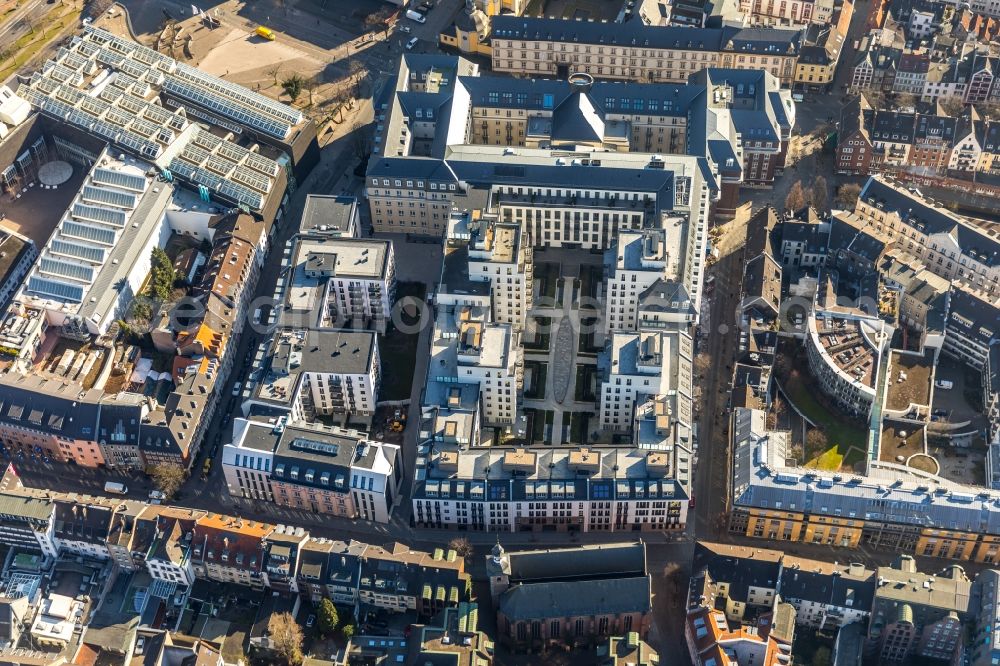 Aerial image Düsseldorf - Construction for the reconstruction and expansion of the old buildings listed building the formerly curt on Muehlenstrasse in Duesseldorf in the state North Rhine-Westphalia