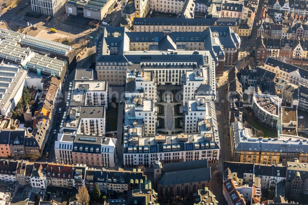 Düsseldorf from above - Construction for the reconstruction and expansion of the old buildings listed building the formerly curt on Muehlenstrasse in Duesseldorf in the state North Rhine-Westphalia