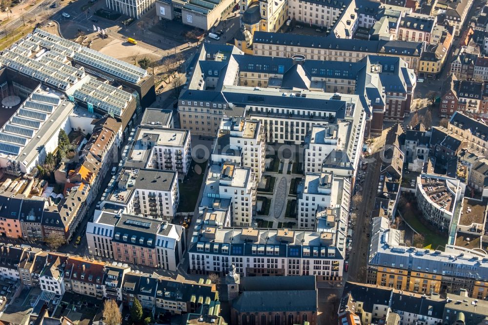 Düsseldorf from the bird's eye view: Construction for the reconstruction and expansion of the old buildings listed building the formerly curt on Muehlenstrasse in Duesseldorf in the state North Rhine-Westphalia