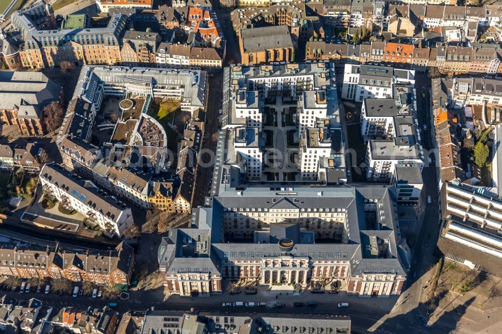 Aerial image Düsseldorf - Construction for the reconstruction and expansion of the old buildings listed building the formerly curt on Muehlenstrasse in Duesseldorf in the state North Rhine-Westphalia