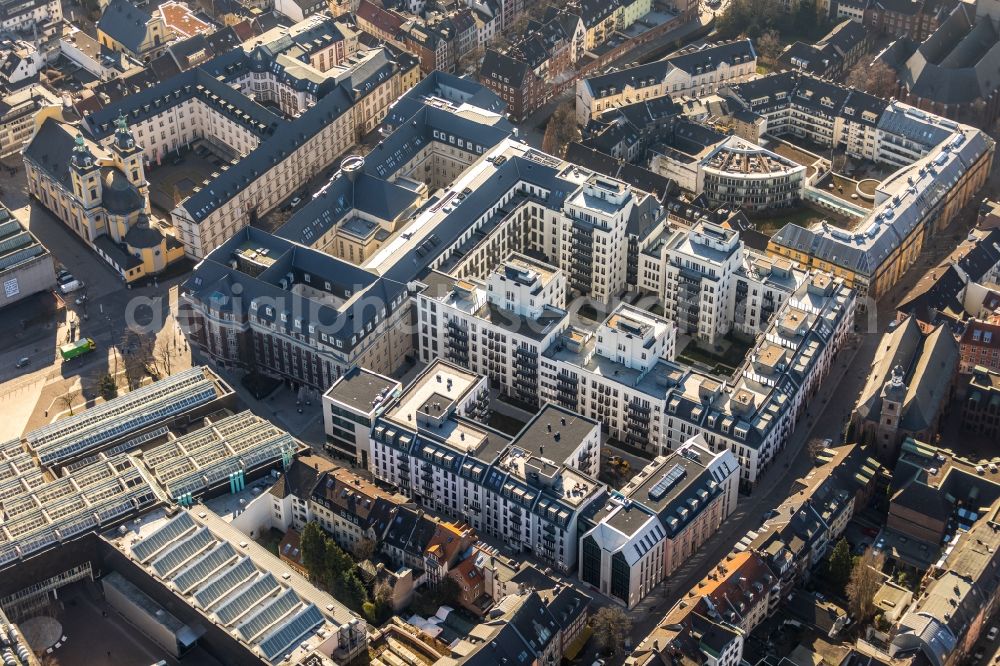 Düsseldorf from above - Construction for the reconstruction and expansion of the old buildings listed building the formerly curt on Muehlenstrasse in Duesseldorf in the state North Rhine-Westphalia