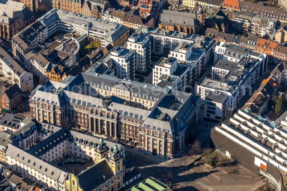 Düsseldorf from the bird's eye view: Construction for the reconstruction and expansion of the old buildings listed building the formerly curt on Muehlenstrasse in Duesseldorf in the state North Rhine-Westphalia