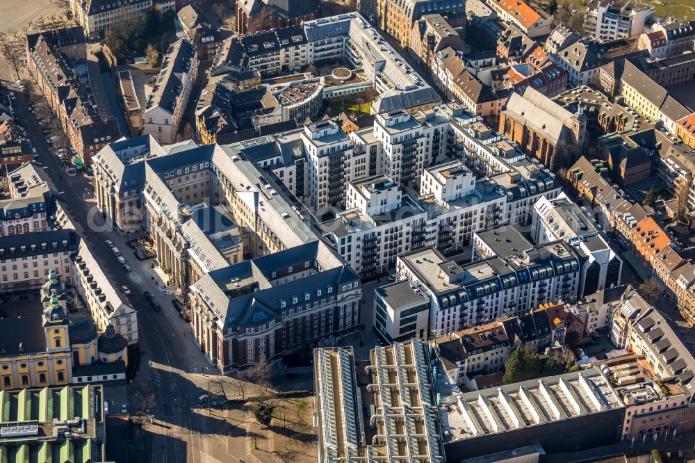 Aerial image Düsseldorf - Construction for the reconstruction and expansion of the old buildings listed building the formerly curt on Muehlenstrasse in Duesseldorf in the state North Rhine-Westphalia