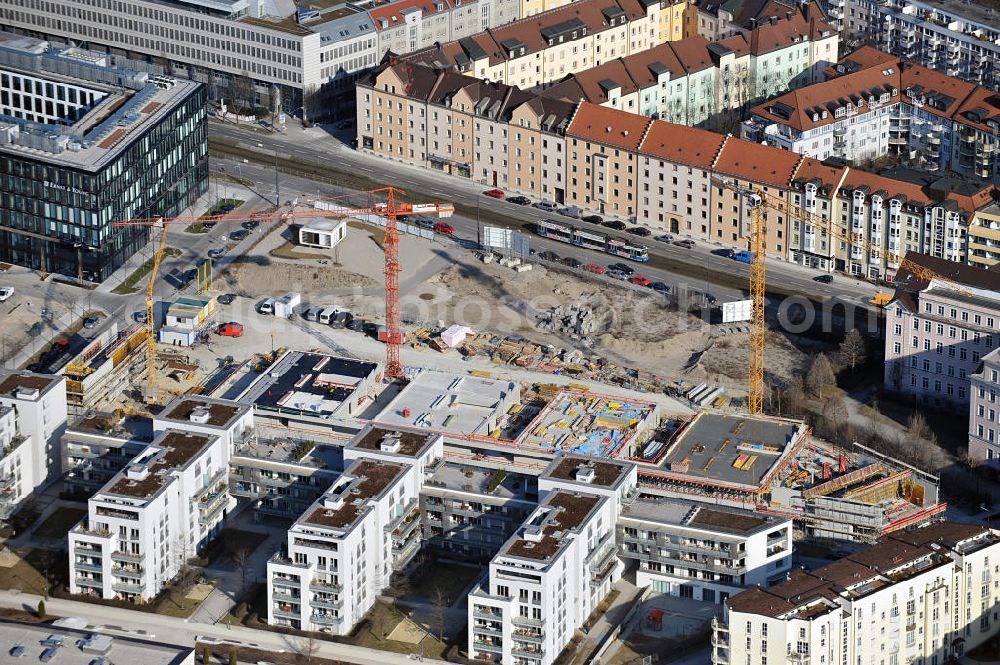 München from the bird's eye view: View of a construction site on Arnulf St. in Munich / Schwanthalerhöhe. Icade Reim Deutschland GmbH plans four buildings with a gross floor area of about 65.000 m². Ernst & Young already occupies the first building