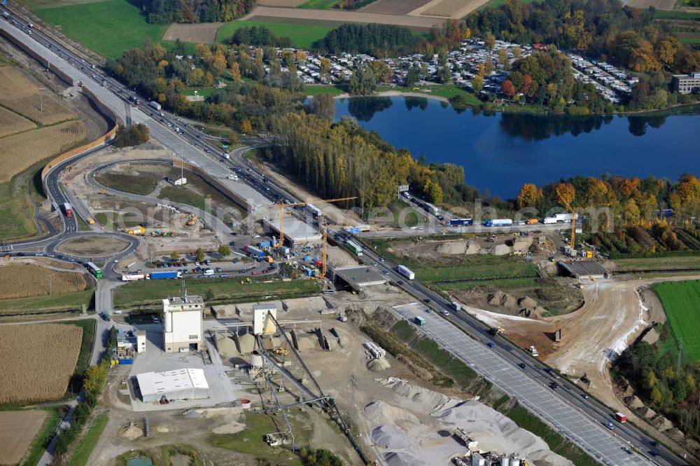 Aerial photograph Achern - Baustelle Autobahn A 5 bei Achern für einen sechsstreifigen Ausbau durch das Wolfgang Gerbere Konsortium Via Solutions Südwest. Bauausführung erfolgt durch die Arbeitsgemeinschaft / ARGE VCS BAB A5, ein Zusammenschluß der Firmen EUROVIA, F. Kirchhoff Straßenbau und Reif Bauunternehmung. Hier die Anschlussstelle AS Achern Construction area at the freeway / motorway A 5 for a 6-streaky removal.