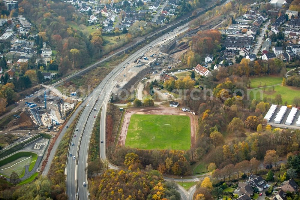 Bochum from above - Highway construction site for the expansion and extension of track along the route of Nordhausenring in Bochum in the state North Rhine-Westphalia. In the picture as well the sports ground of the HSV Bochum Eppendorf