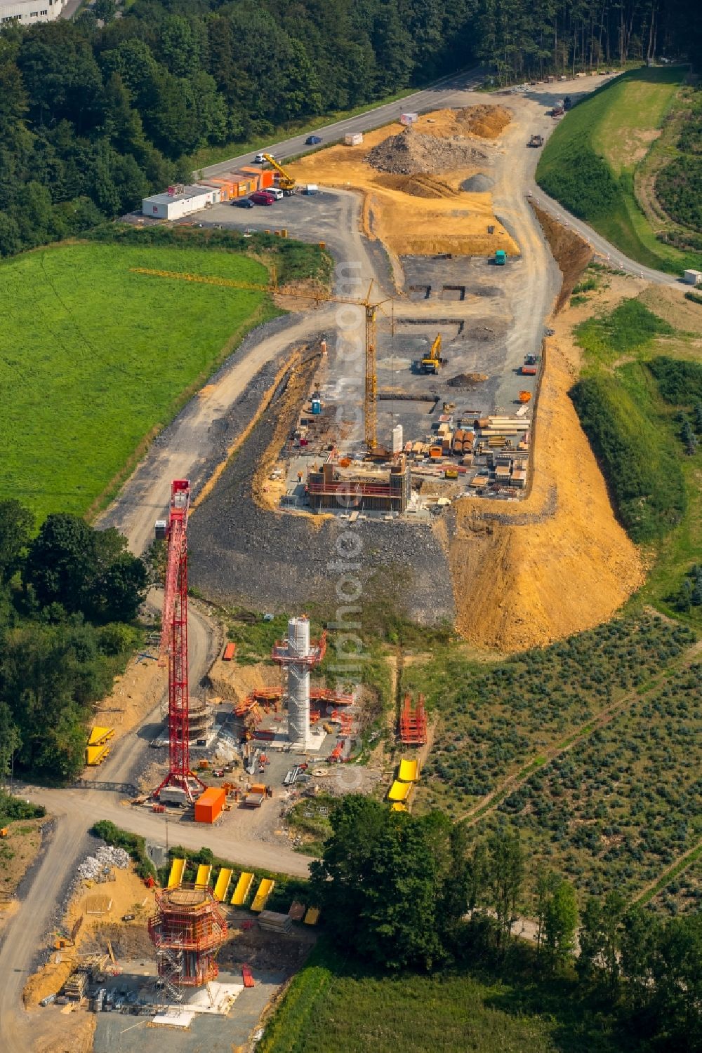 Bestwig from the bird's eye view: Construction site for the new building of Routing and traffic lanes over the highway bridge in the motorway A46 bei Bestwig im Sauerland in the state North Rhine-Westphalia