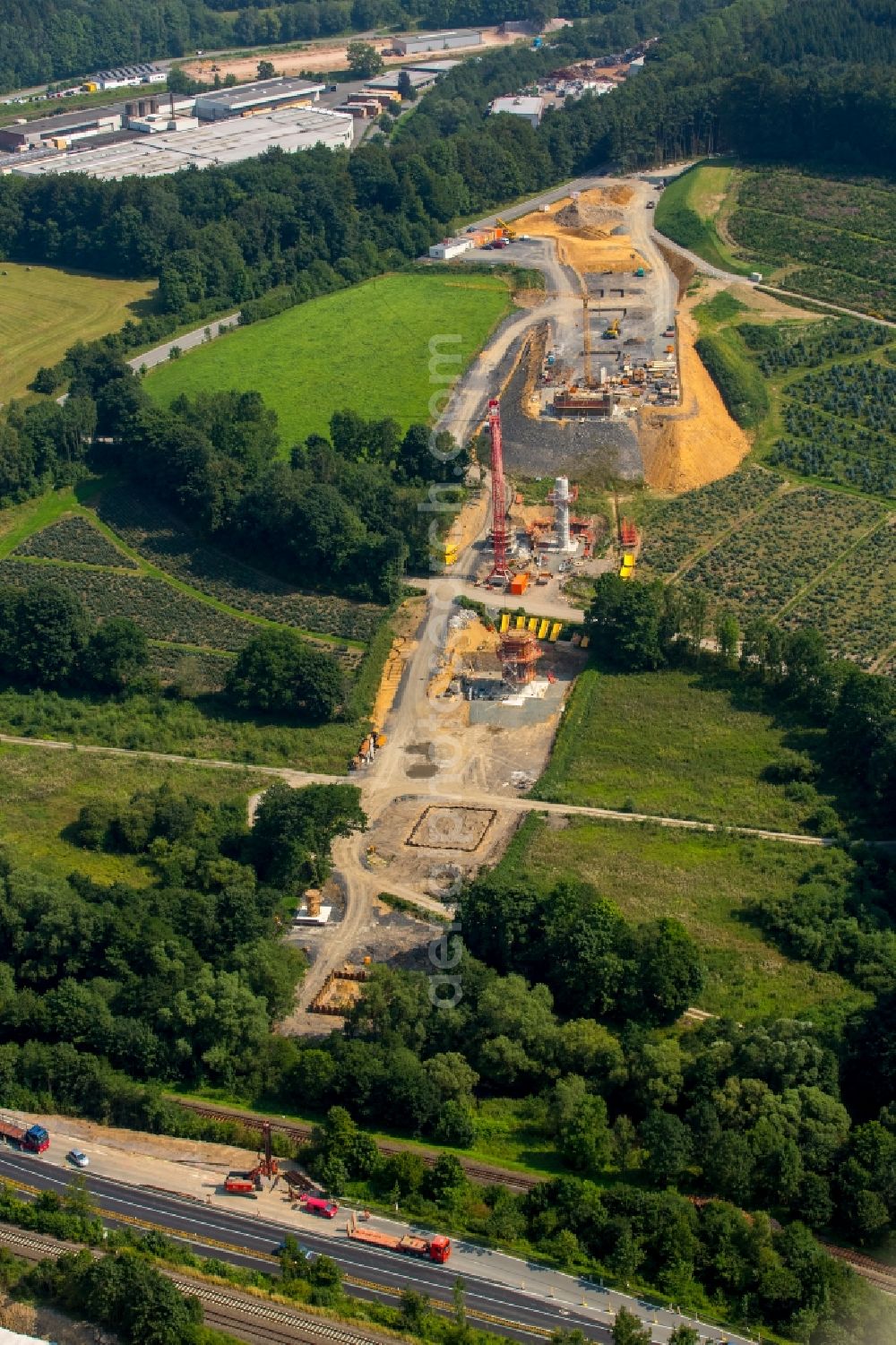 Aerial image Bestwig - Construction site for the new building of Routing and traffic lanes over the highway bridge in the motorway A46 bei Bestwig im Sauerland in the state North Rhine-Westphalia