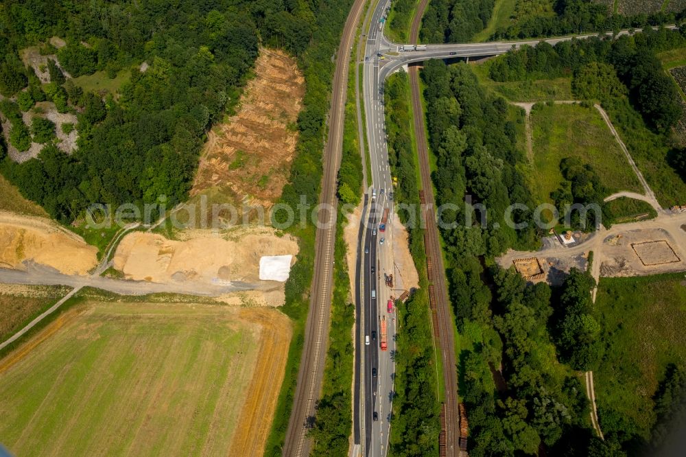 Aerial photograph Bestwig - Construction site for the new building of Routing and traffic lanes over the highway bridge in the motorway A46 bei Bestwig im Sauerland in the state North Rhine-Westphalia