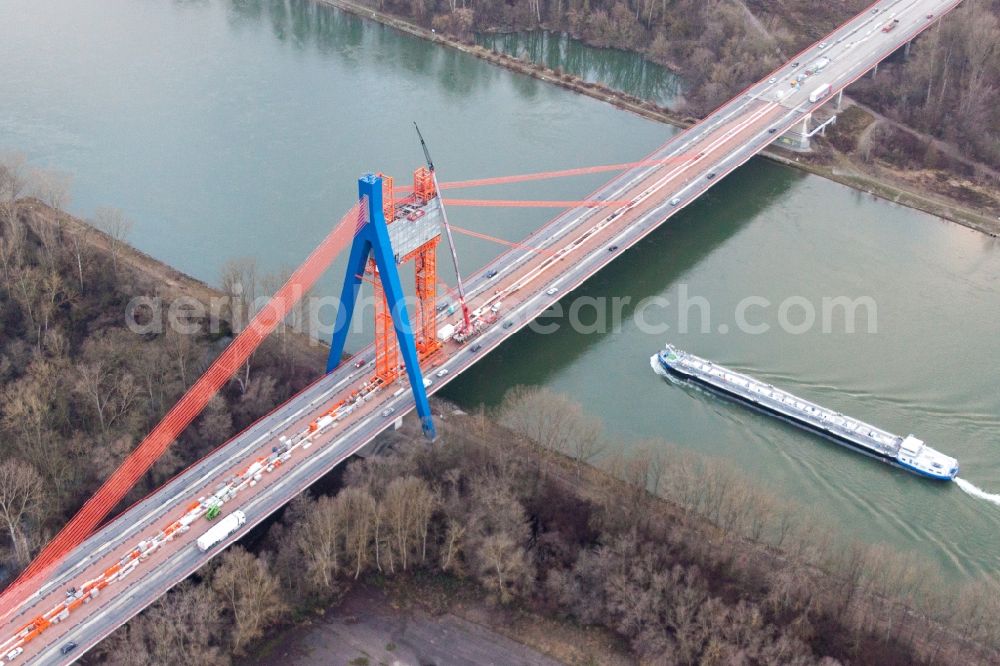 Hockenheim from the bird's eye view: Reconstruction site for the highway bridge in the motorway A 61 crossing the river rhinen in Hockenheim in the state Baden-Wurttemberg, Germany