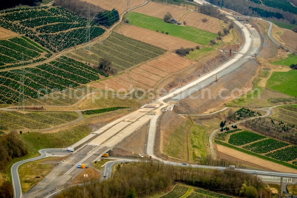 Bestwig from above - Construction site for the new building of Routing and traffic lanes over the highway bridge in the motorway A 46 in Bestwig in the state North Rhine-Westphalia, Germany