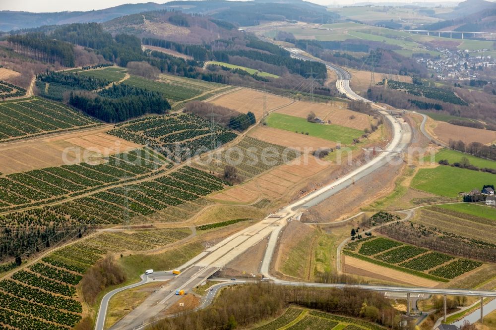 Bestwig from the bird's eye view: Construction site for the new building of Routing and traffic lanes over the highway bridge in the motorway A 46 in Bestwig in the state North Rhine-Westphalia, Germany