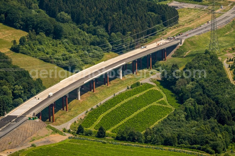 Aerial image Bestwig - Construction site for the new building of Routing and traffic lanes over the highway bridge in the motorway A 46 in Bestwig in the state North Rhine-Westphalia, Germany