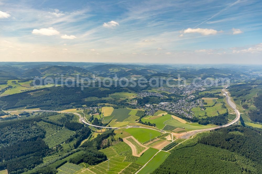 Bestwig from above - Construction site for the new building of Routing and traffic lanes over the highway bridge in the motorway A 46 in Bestwig in the state North Rhine-Westphalia, Germany