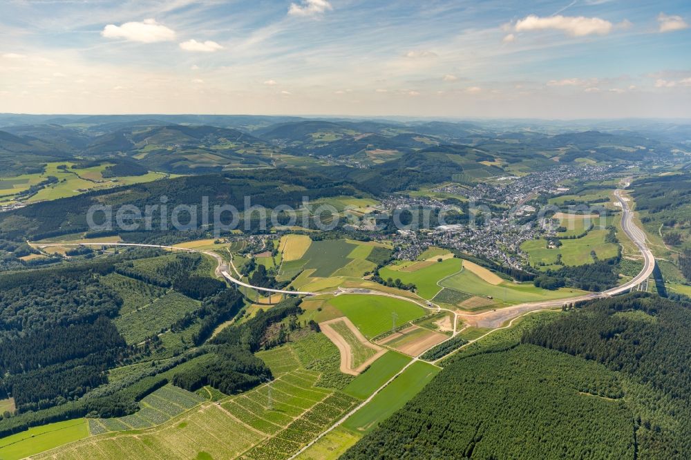 Aerial photograph Bestwig - Construction site for the new building of Routing and traffic lanes over the highway bridge in the motorway A 46 in Bestwig in the state North Rhine-Westphalia, Germany