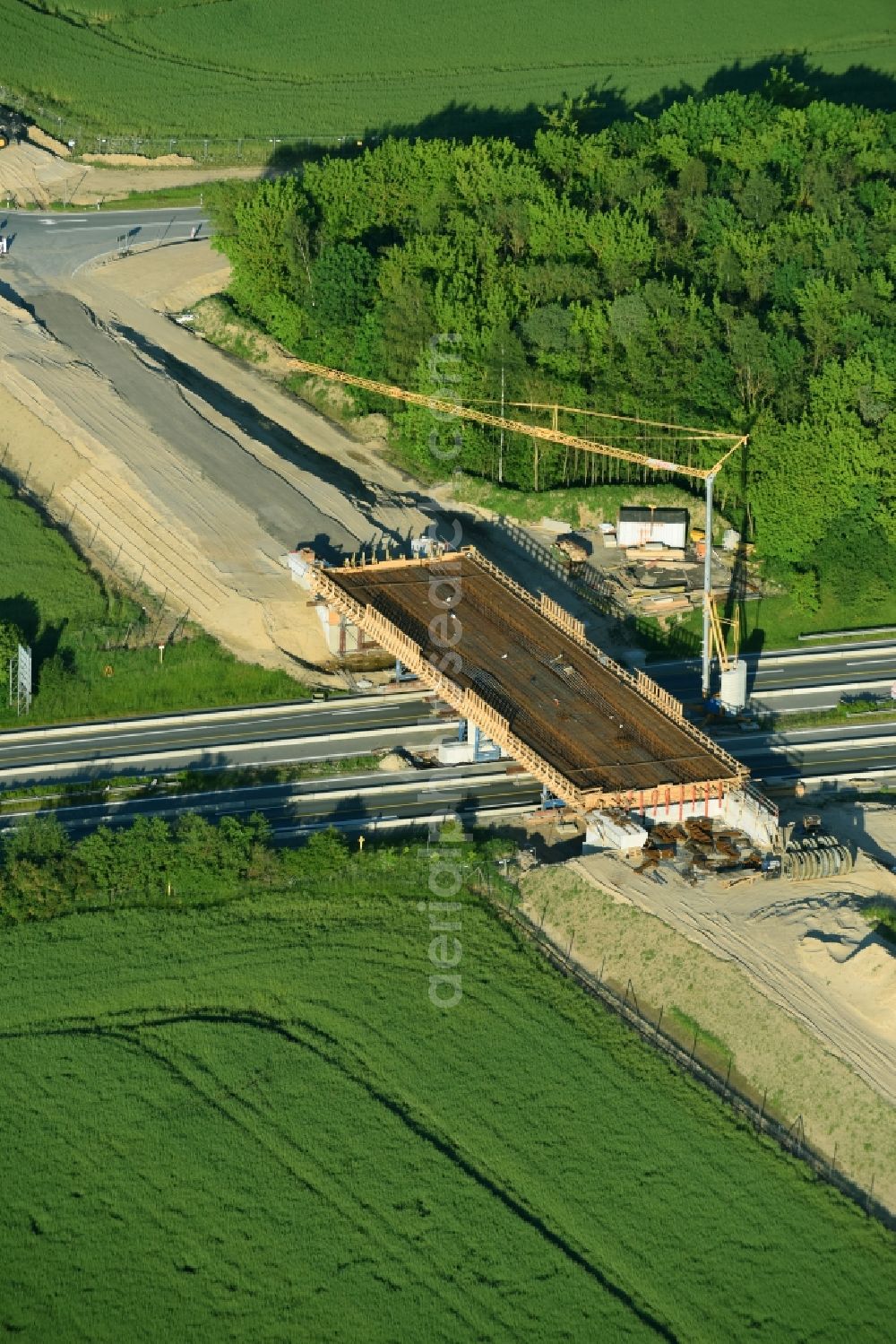 Aerial image Glasewitz - Construction site for the new building of Routing and traffic lanes over the highway bridge in the motorway A 19 in Glasewitz in the state Mecklenburg - Western Pomerania, Germany