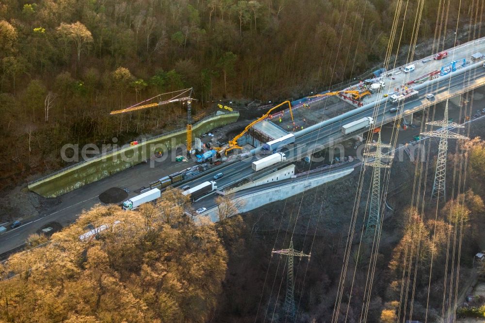 Hagen from the bird's eye view: Construction site for the new building of Routing and traffic lanes over the highway bridge in the motorway A 1 in Hagen in the state North Rhine-Westphalia, Germany