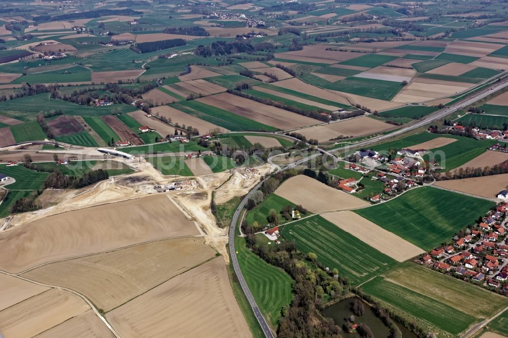 Heldenstein from above - Construction site for the new building of Routing and traffic lanes over the highway bridge in the motorway A 49 on Isentaltrasse in Heldenstein in the state Bavaria