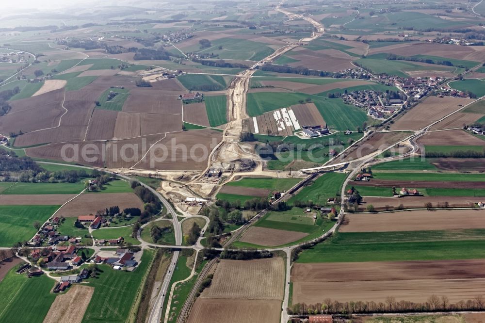 Aerial photograph Heldenstein - Construction site for the new building of Routing and traffic lanes over the highway bridge in the motorway A 49 on Isentaltrasse in Heldenstein in the state Bavaria