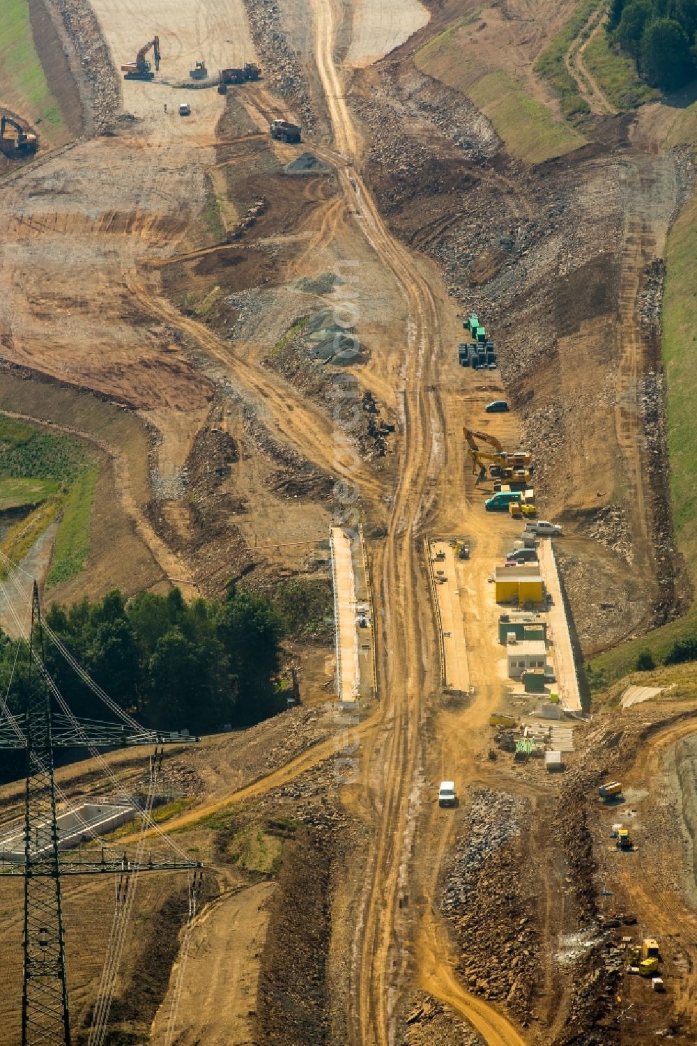 Aerial image Meschede - Construction site for the new building of Routing and traffic lanes over the highway bridge in the motorway A46 in Meschede in Sauerland in the state North Rhine-Westphalia