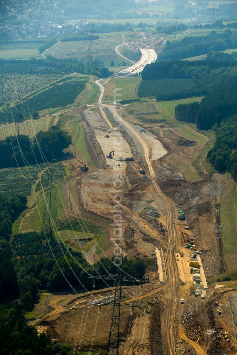 Meschede from above - Construction site for the new building of Routing and traffic lanes over the highway bridge in the motorway A46 in Meschede in Sauerland in the state North Rhine-Westphalia