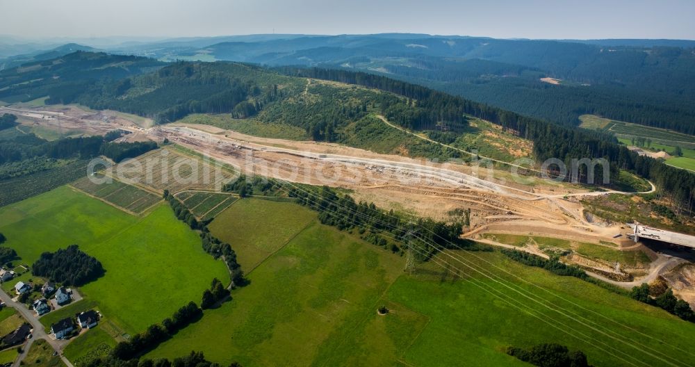 Aerial image Meschede - Construction site for the new building of Routing and traffic lanes over the highway bridge in the motorway A46 in Meschede in Sauerland in the state North Rhine-Westphalia