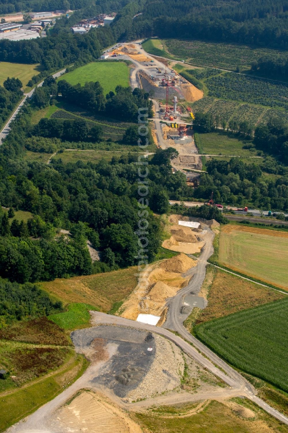 Meschede from above - Construction site for the new building of Routing and traffic lanes over the highway bridge in the motorway A46 in Meschede in Sauerland in the state North Rhine-Westphalia