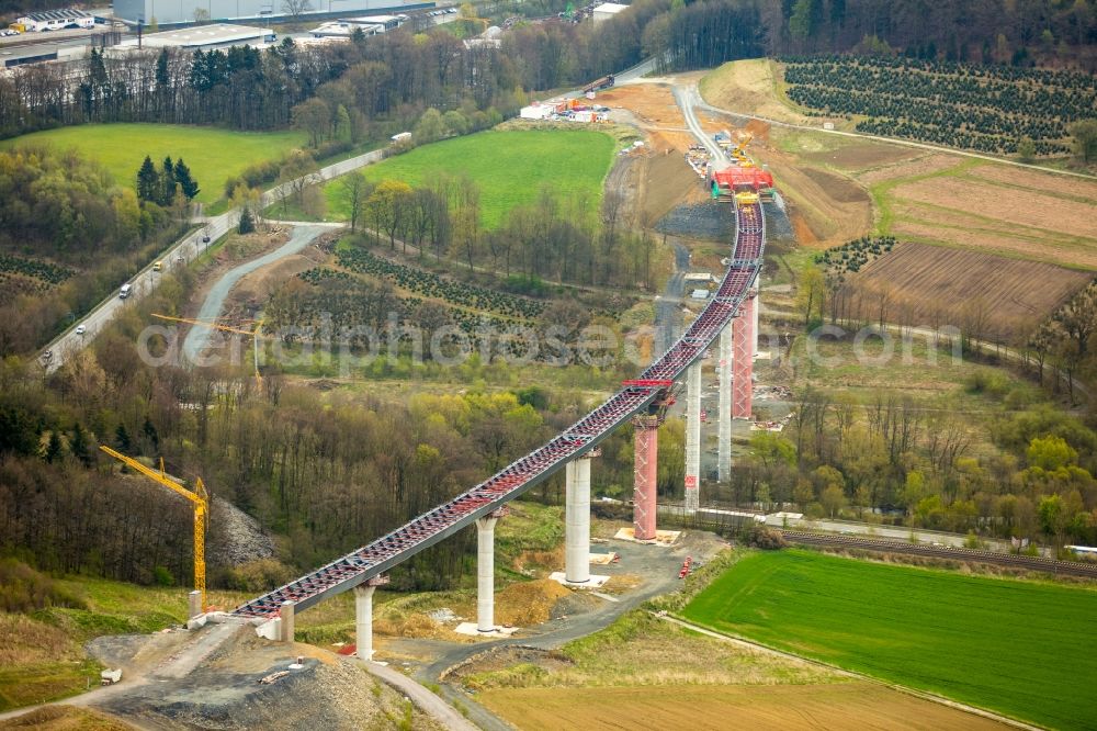 Aerial image Bestwig - Construction site for the new building of Routing and traffic lanes over the highway bridge in the motorway A A 46 - B480n Neue Ruhrtalbruecke Bermecke in Bestwig in the state North Rhine-Westphalia