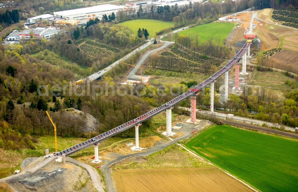 Aerial photograph Bestwig - Construction site for the new building of Routing and traffic lanes over the highway bridge in the motorway A A 46 - B480n Neue Ruhrtalbruecke Bermecke in Bestwig in the state North Rhine-Westphalia