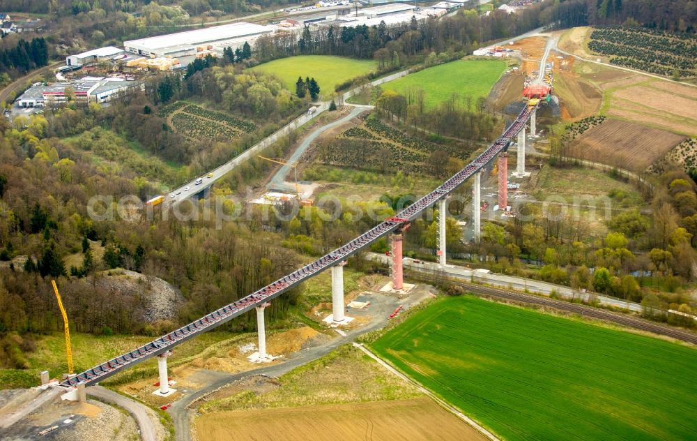 Bestwig from above - Construction site for the new building of Routing and traffic lanes over the highway bridge in the motorway A A 46 - B480n Neue Ruhrtalbruecke Bermecke in Bestwig in the state North Rhine-Westphalia