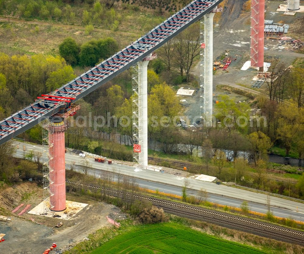 Bestwig from the bird's eye view: Construction site for the new building of Routing and traffic lanes over the highway bridge in the motorway A A 46 - B480n Neue Ruhrtalbruecke Bermecke in Bestwig in the state North Rhine-Westphalia